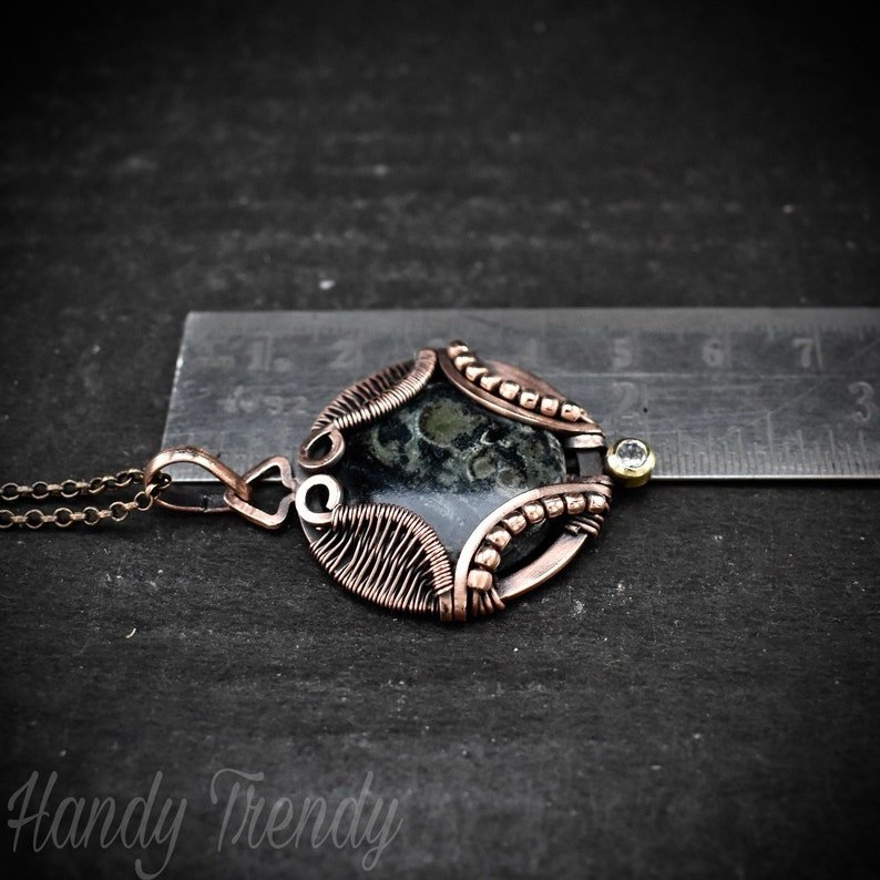 Kambaba jasper necklace, Wavy prong pendant, Copper wire wrapped jewelry, Unique handmade gift, One of a kind artisan boho style