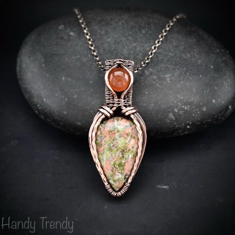 Unakite and carnelian pendant, Copper wire wrapped necklace, Unique handmade gift, One of a kind artisan jewelry, Double gemstone