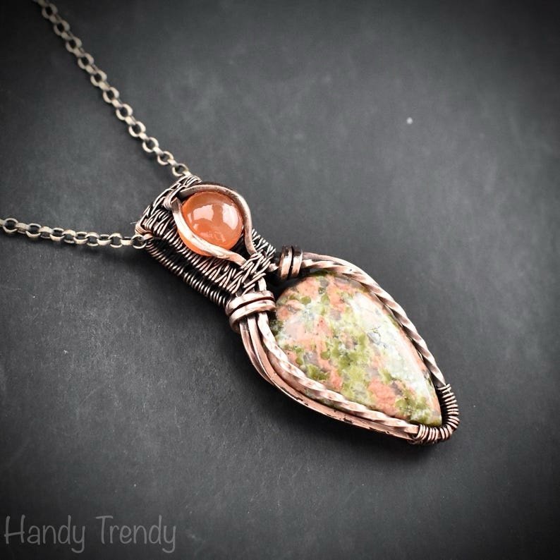 Unakite and carnelian pendant, Copper wire wrapped necklace, Unique handmade gift, One of a kind artisan jewelry, Double gemstone