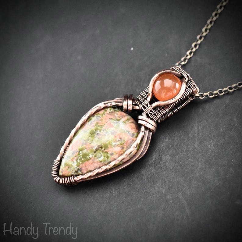 Unakite and carnelian pendant, Copper wire wrapped necklace, Unique handmade gift, One of a kind artisan jewelry, Double gemstone