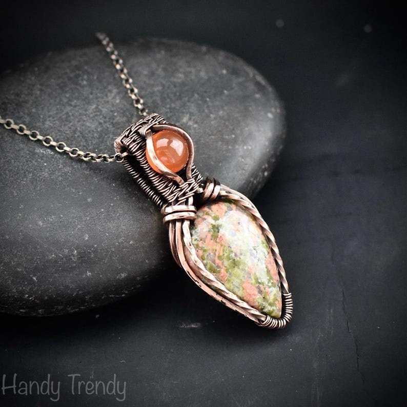 Unakite and carnelian pendant, Copper wire wrapped necklace, Unique handmade gift, One of a kind artisan jewelry, Double gemstone