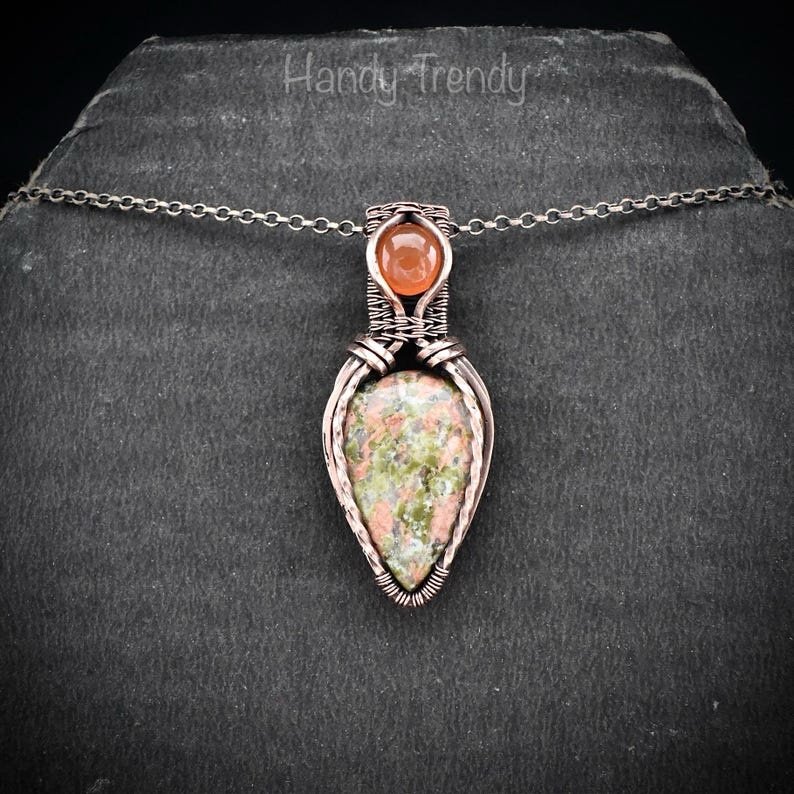 Unakite and carnelian pendant, Copper wire wrapped necklace, Unique handmade gift, One of a kind artisan jewelry, Double gemstone