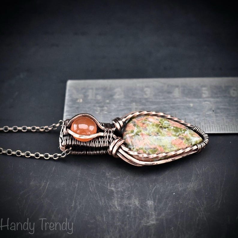 Unakite and carnelian pendant, Copper wire wrapped necklace, Unique handmade gift, One of a kind artisan jewelry, Double gemstone