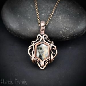 Ocean jasper hexagon pendant, Free flow copper wire wrapped necklace, Unique handmade gift, One of kind Artisan boho Jewelry