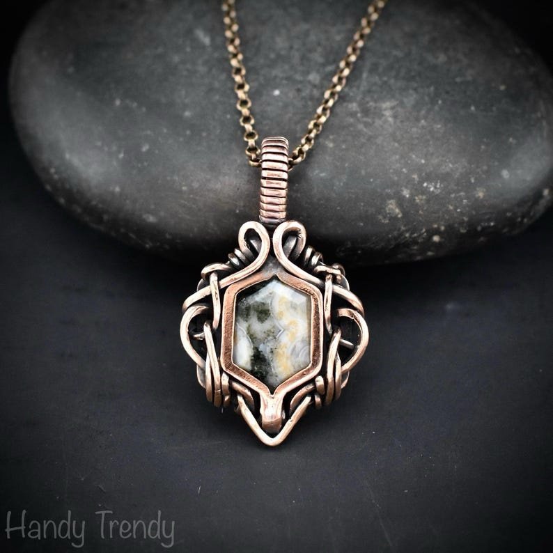 Ocean jasper hexagon pendant, Free flow copper wire wrapped necklace, Unique handmade gift, One of kind Artisan boho Jewelry