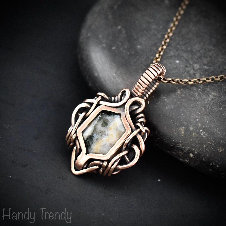 Ocean jasper hexagon pendant, Free flow copper wire wrapped necklace, Unique handmade gift, One of kind Artisan boho Jewelry