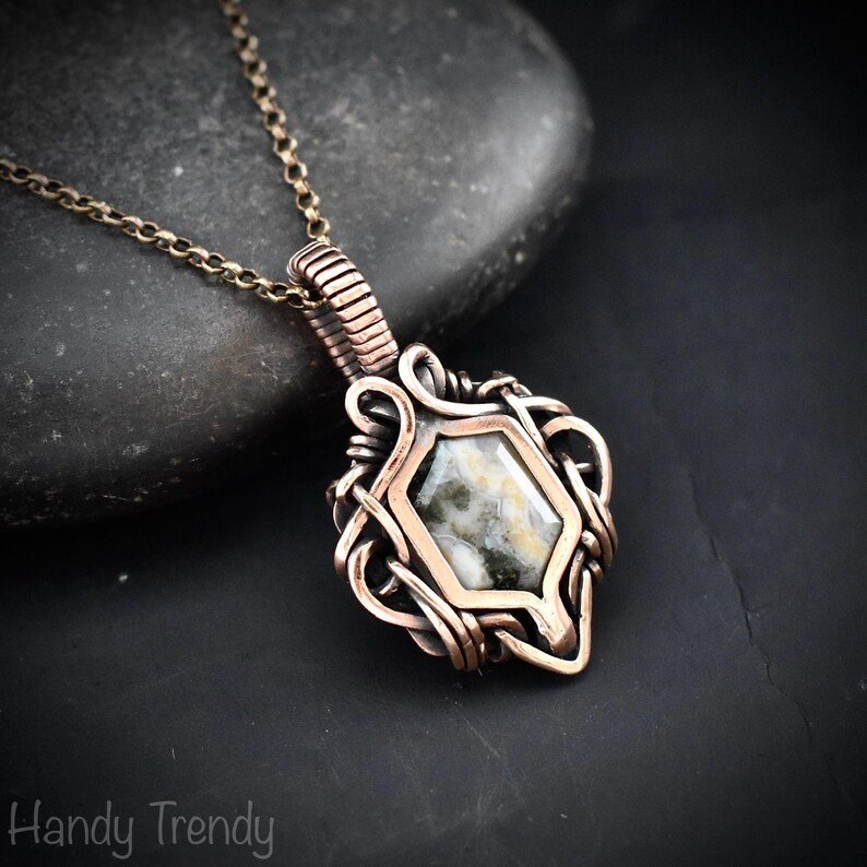 Ocean jasper hexagon pendant, Free flow copper wire wrapped necklace, Unique handmade gift, One of kind Artisan boho Jewelry