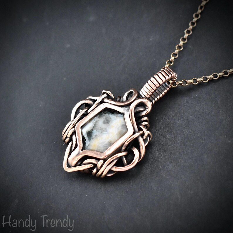 Ocean jasper hexagon pendant, Free flow copper wire wrapped necklace, Unique handmade gift, One of kind Artisan boho Jewelry