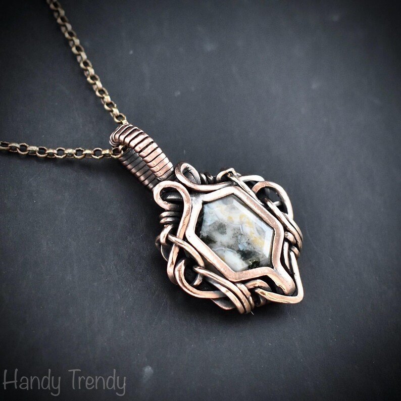Ocean jasper hexagon pendant, Free flow copper wire wrapped necklace, Unique handmade gift, One of kind Artisan boho Jewelry