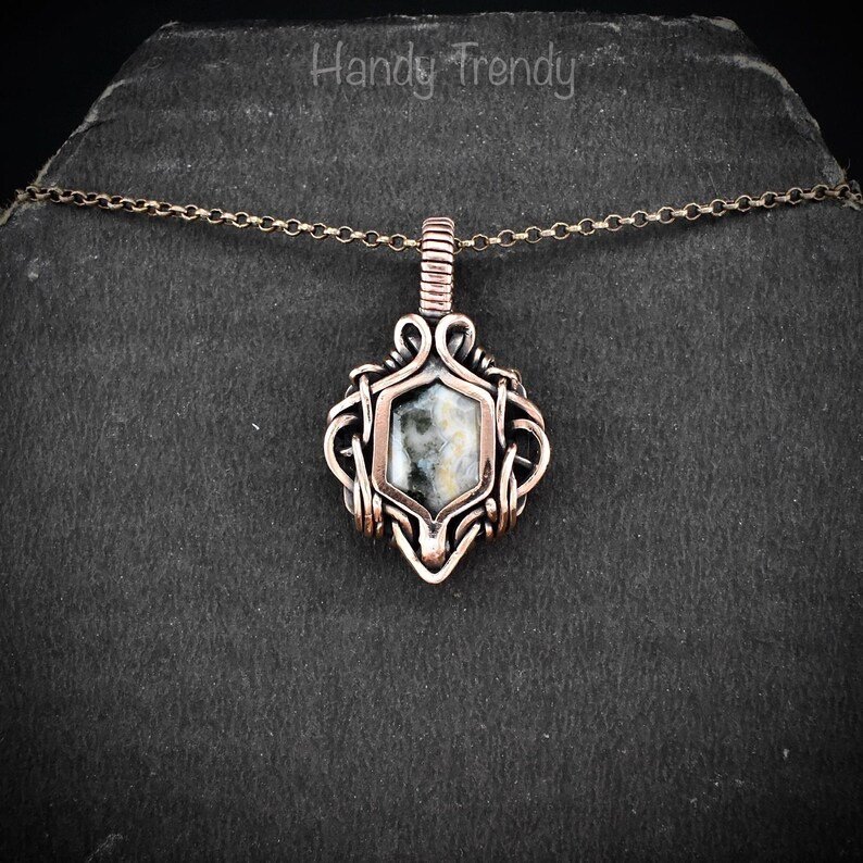 Ocean jasper hexagon pendant, Free flow copper wire wrapped necklace, Unique handmade gift, One of kind Artisan boho Jewelry