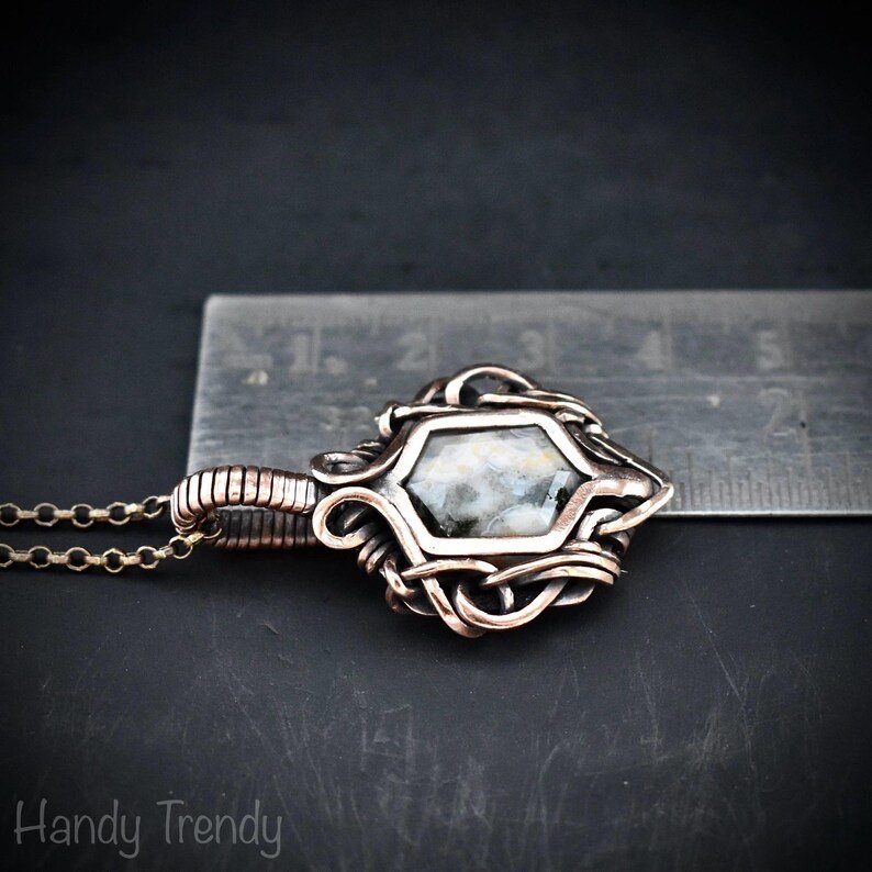 Ocean jasper hexagon pendant, Free flow copper wire wrapped necklace, Unique handmade gift, One of kind Artisan boho Jewelry
