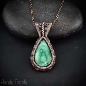 Malachite pendant, Copper wire wrapped necklace, Unique handmade gift, One of a kind jewelry, Artisan boho jewelry