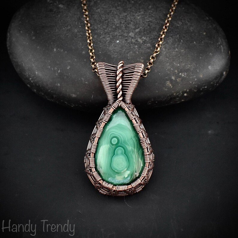 Malachite pendant, Copper wire wrapped necklace, Unique handmade gift, One of a kind jewelry, Artisan boho jewelry