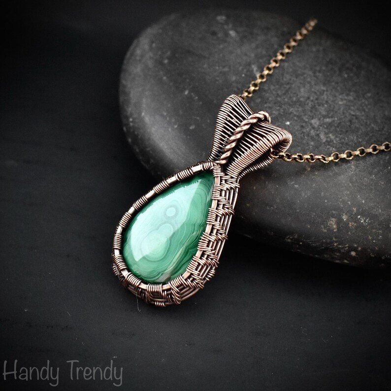 Malachite pendant, Copper wire wrapped necklace, Unique handmade gift, One of a kind jewelry, Artisan boho jewelry