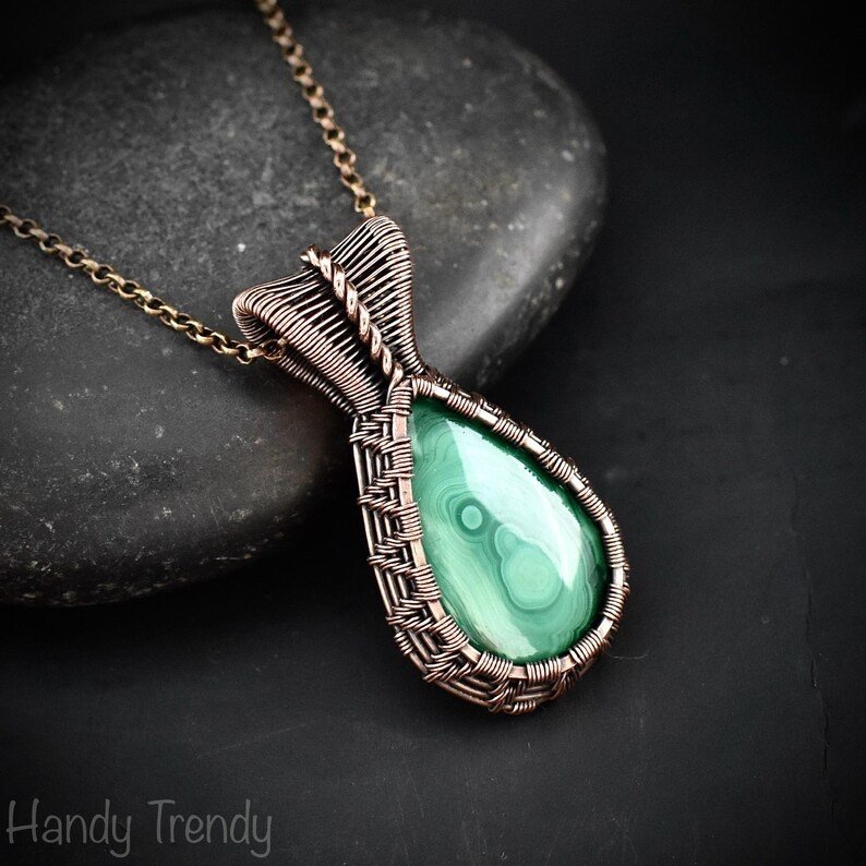 Malachite pendant, Copper wire wrapped necklace, Unique handmade gift, One of a kind jewelry, Artisan boho jewelry
