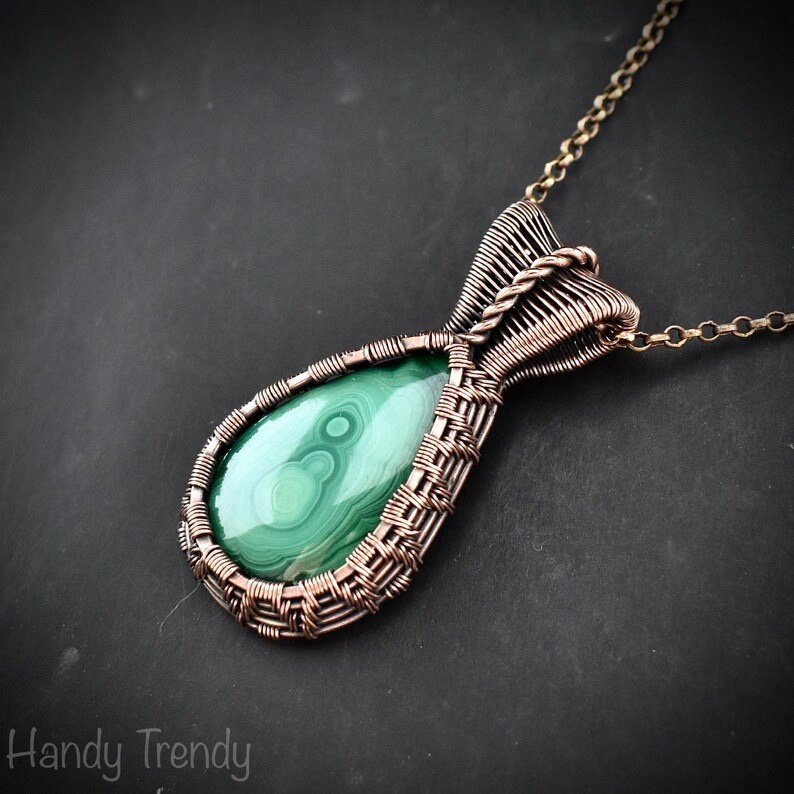 Malachite pendant, Copper wire wrapped necklace, Unique handmade gift, One of a kind jewelry, Artisan boho jewelry