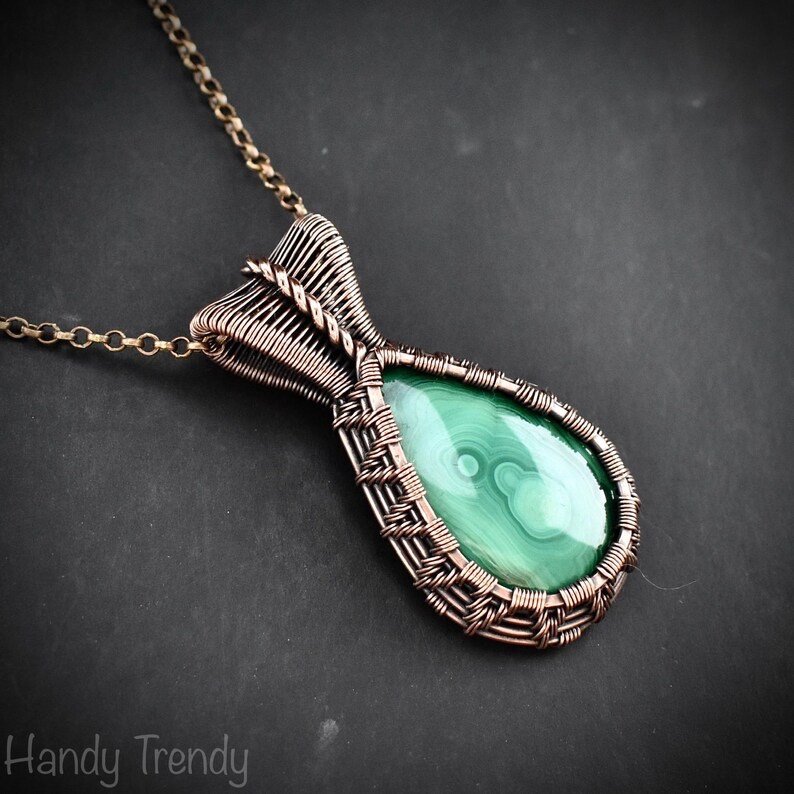 Malachite pendant, Copper wire wrapped necklace, Unique handmade gift, One of a kind jewelry, Artisan boho jewelry