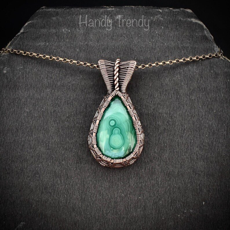Malachite pendant, Copper wire wrapped necklace, Unique handmade gift, One of a kind jewelry, Artisan boho jewelry