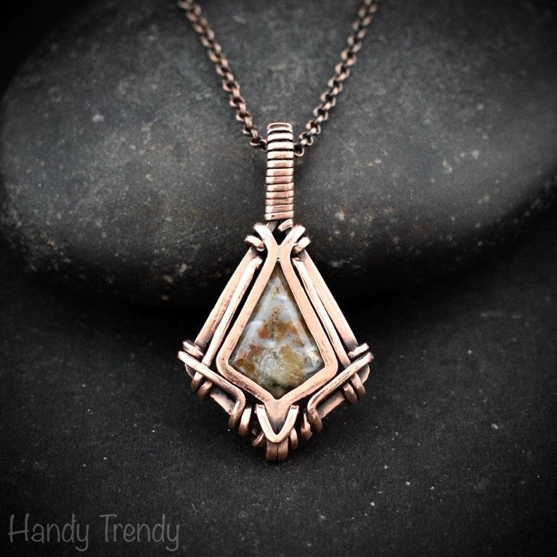 Ocean jasper kite pendant, Free flow copper wire wrapped necklace, Unique handmade gift, One of kind jewellery, Artisan boho jewellery