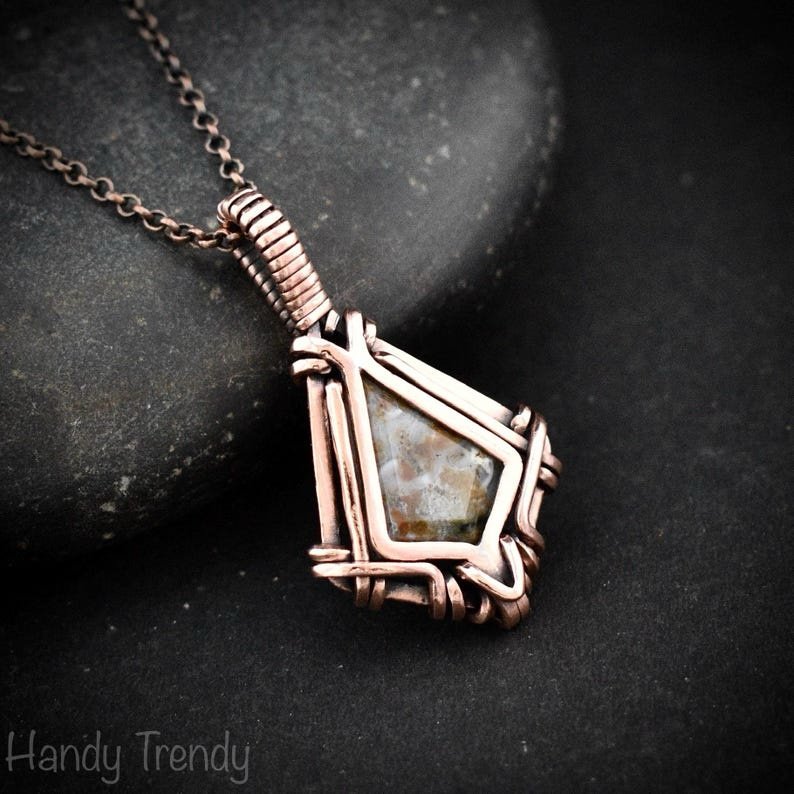 Ocean jasper kite pendant, Free flow copper wire wrapped necklace, Unique handmade gift, One of kind jewellery, Artisan boho jewellery