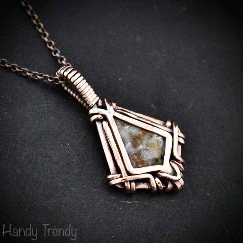 Ocean jasper kite pendant, Free flow copper wire wrapped necklace, Unique handmade gift, One of kind jewellery, Artisan boho jewellery