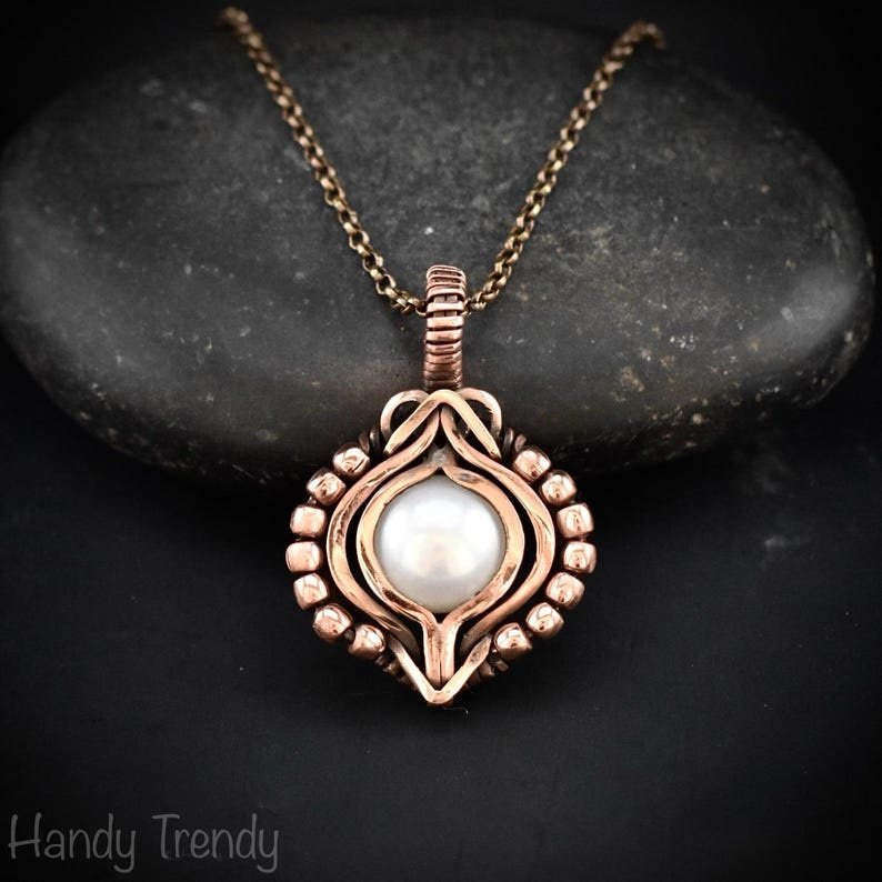Fresh water pearl pendant, Copper Wire wrapped free flow necklace, Unique handmade gift, One of a kind artisan boho jewellery