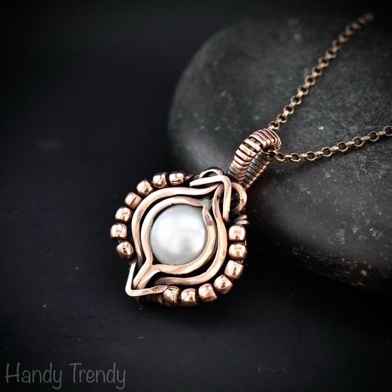Fresh water pearl pendant, Copper Wire wrapped free flow necklace, Unique handmade gift, One of a kind artisan boho jewellery