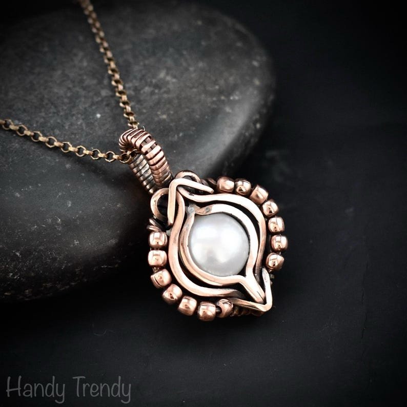 Fresh water pearl pendant, Copper Wire wrapped free flow necklace, Unique handmade gift, One of a kind artisan boho jewellery
