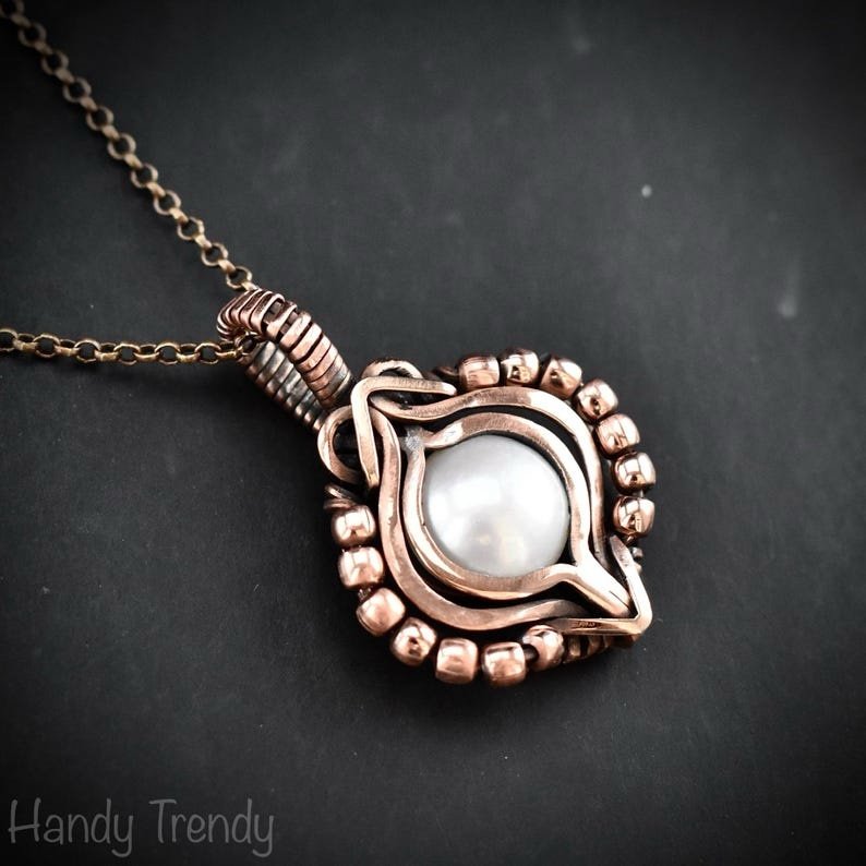 Fresh water pearl pendant, Copper Wire wrapped free flow necklace, Unique handmade gift, One of a kind artisan boho jewellery