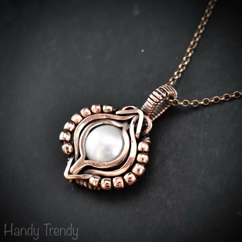 Fresh water pearl pendant, Copper Wire wrapped free flow necklace, Unique handmade gift, One of a kind artisan boho jewellery