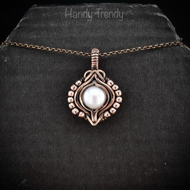 Fresh water pearl pendant, Copper Wire wrapped free flow necklace, Unique handmade gift, One of a kind artisan boho jewellery