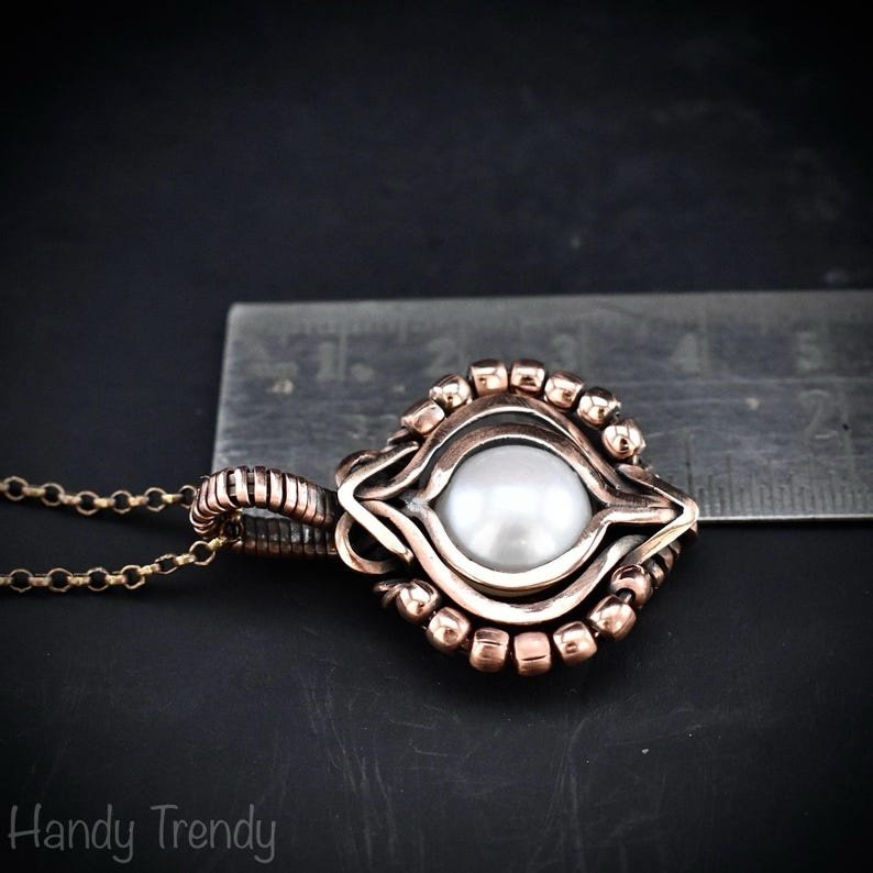 Fresh water pearl pendant, Copper Wire wrapped free flow necklace, Unique handmade gift, One of a kind artisan boho jewellery