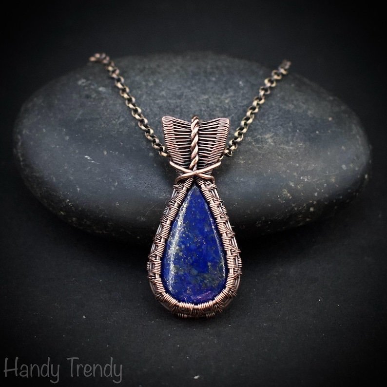 Lapis lazuli pendant, Copper wire wrapped jewelry, Unique handmade gift, One of a kind neckalce, Artisan boho jewelry