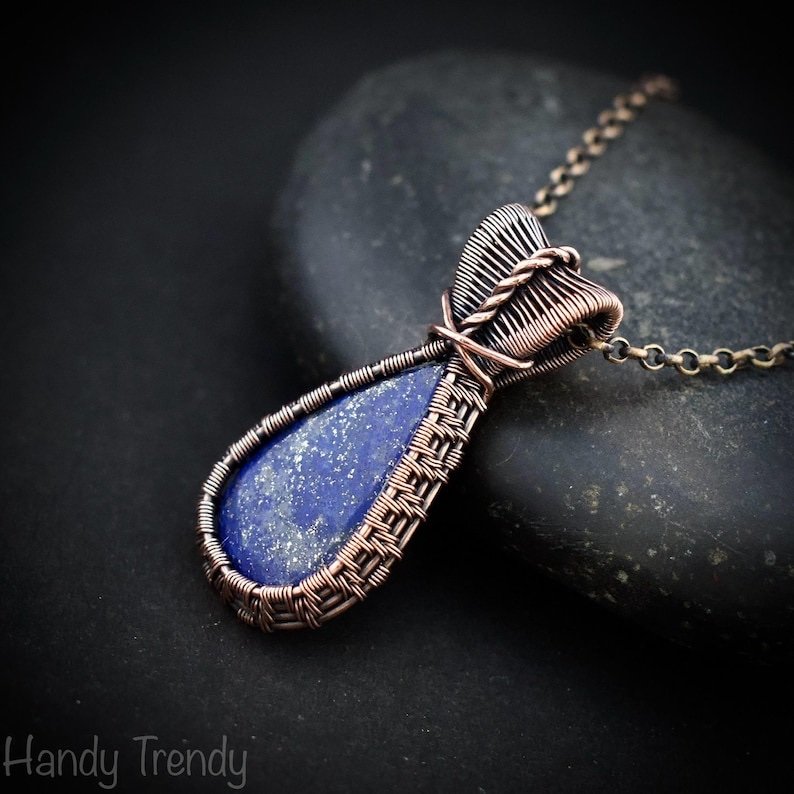 Lapis lazuli pendant, Copper wire wrapped jewelry, Unique handmade gift, One of a kind neckalce, Artisan boho jewelry