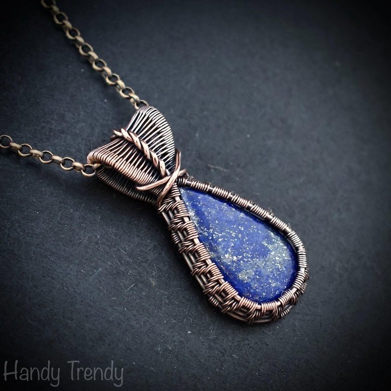Lapis lazuli pendant, Copper wire wrapped jewelry, Unique handmade gift, One of a kind neckalce, Artisan boho jewelry