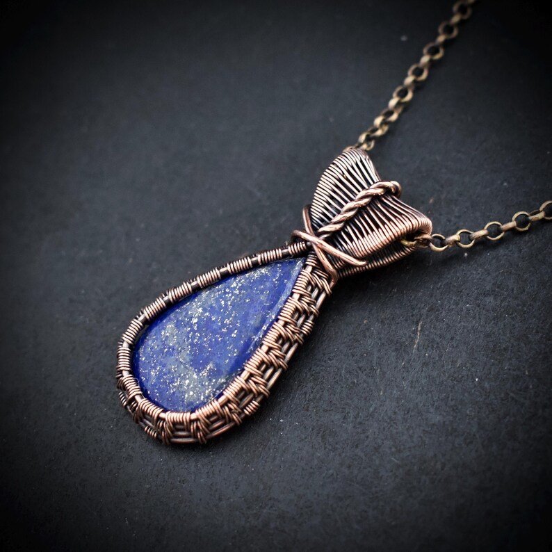 Lapis lazuli pendant, Copper wire wrapped jewelry, Unique handmade gift, One of a kind neckalce, Artisan boho jewelry