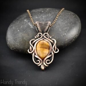 Yellow tiger eye pendant, Free-flow Copper Wire wrapped necklace, Unique handmade gift, One of a kind artisan boho jewelry