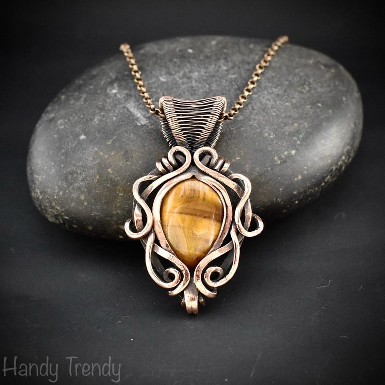 Yellow tiger eye pendant, Free-flow Copper Wire wrapped necklace, Unique handmade gift, One of a kind artisan boho jewelry