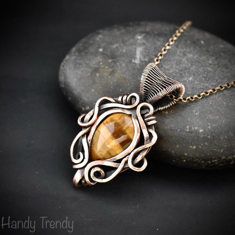 Yellow tiger eye pendant, Free-flow Copper Wire wrapped necklace, Unique handmade gift, One of a kind artisan boho jewelry