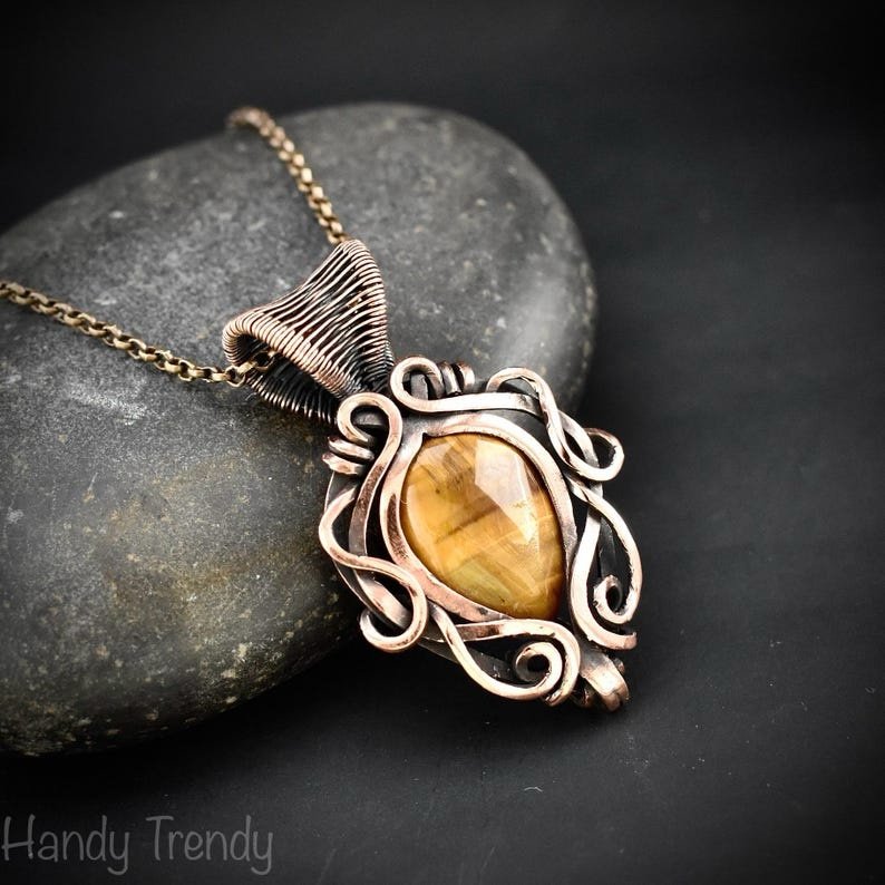 Yellow tiger eye pendant, Free-flow Copper Wire wrapped necklace, Unique handmade gift, One of a kind artisan boho jewelry