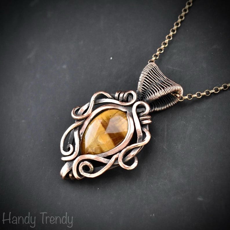 Yellow tiger eye pendant, Free-flow Copper Wire wrapped necklace, Unique handmade gift, One of a kind artisan boho jewelry