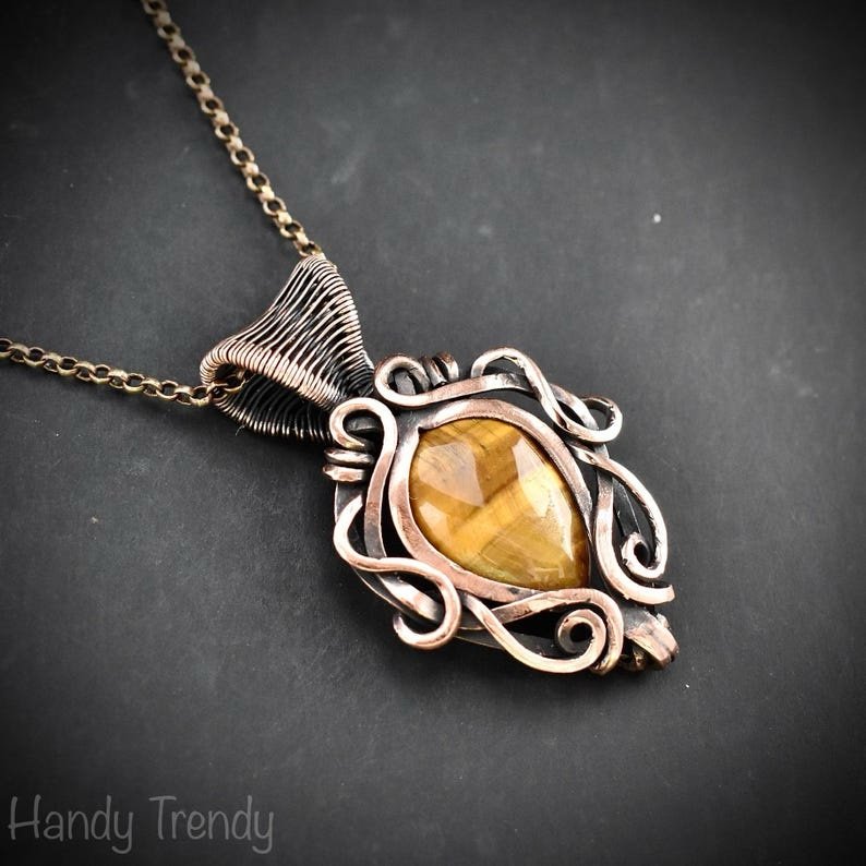 Yellow tiger eye pendant, Free-flow Copper Wire wrapped necklace, Unique handmade gift, One of a kind artisan boho jewelry