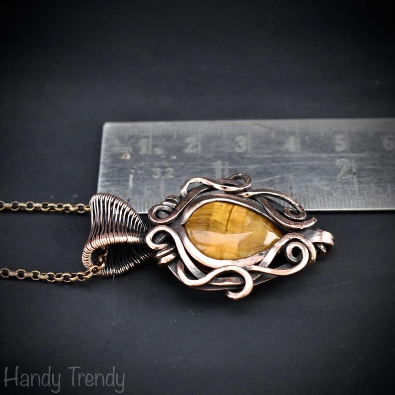 Yellow tiger eye pendant, Free-flow Copper Wire wrapped necklace, Unique handmade gift, One of a kind artisan boho jewelry