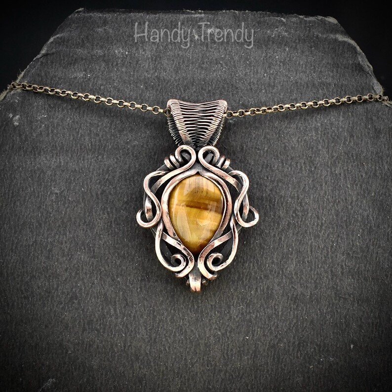 Yellow tiger eye pendant, Free-flow Copper Wire wrapped necklace, Unique handmade gift, One of a kind artisan boho jewelry