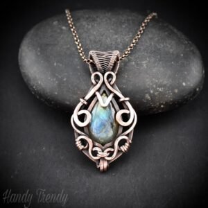 Blue flash labradorite pendant, Free-flow Copper Wire wrapped necklace, Unique handmade  gift, One of a kind artisan boho jewelry