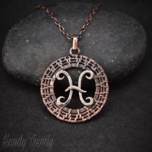 Pisces zodiac symbol pendant, 925 sterling silver and Copper wire wrapped necklace, Unique handmade gift, One of a kind jewelry