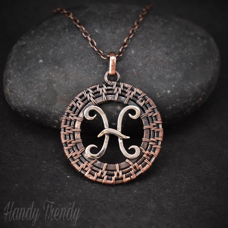 Pisces zodiac symbol pendant, 925 sterling silver and Copper wire wrapped necklace, Unique handmade gift, One of a kind jewelry