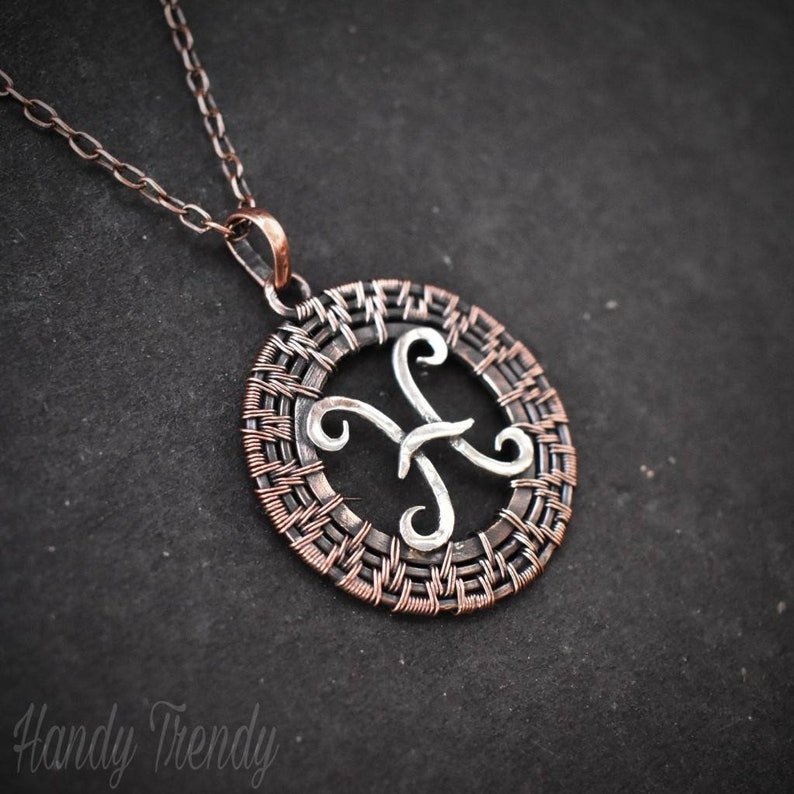 Pisces zodiac symbol pendant, 925 sterling silver and Copper wire wrapped necklace, Unique handmade gift, One of a kind jewelry