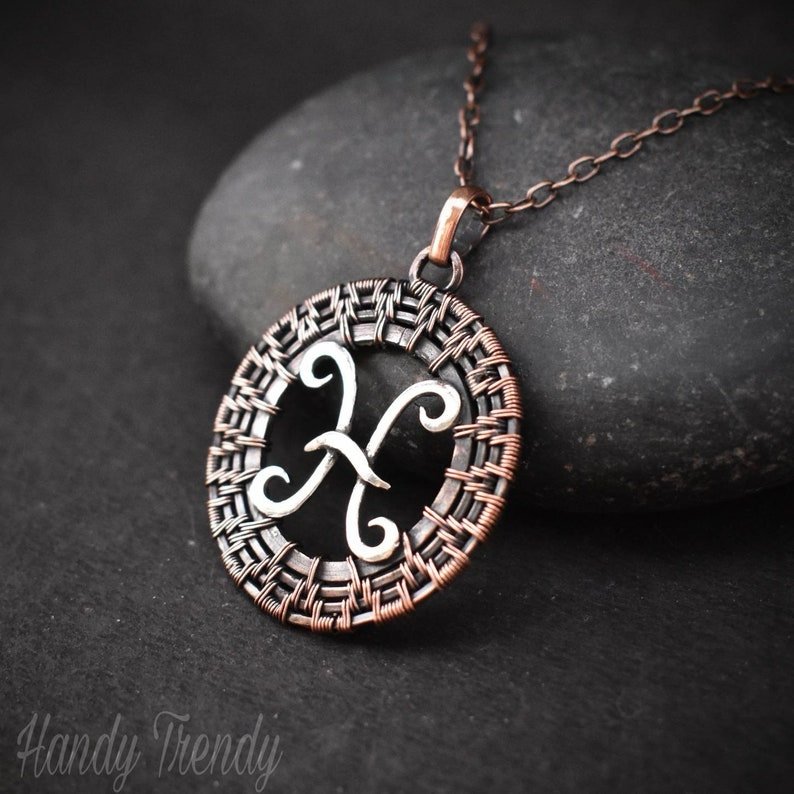 Pisces zodiac symbol pendant, 925 sterling silver and Copper wire wrapped necklace, Unique handmade gift, One of a kind jewelry