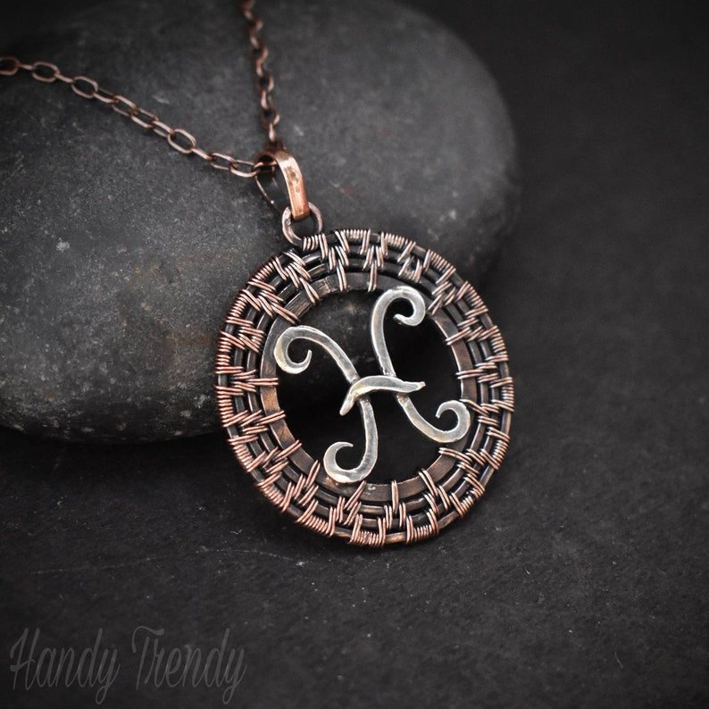 Pisces zodiac symbol pendant, 925 sterling silver and Copper wire wrapped necklace, Unique handmade gift, One of a kind jewelry